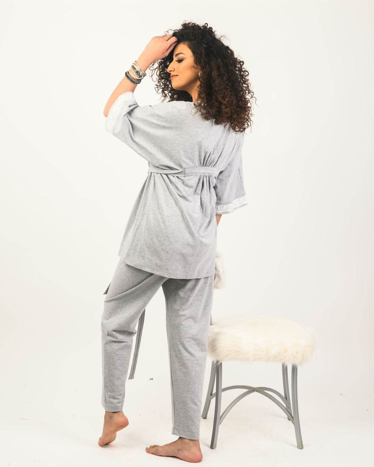 Lace Nursing Pyjama Set – Grey – 3 Pieces