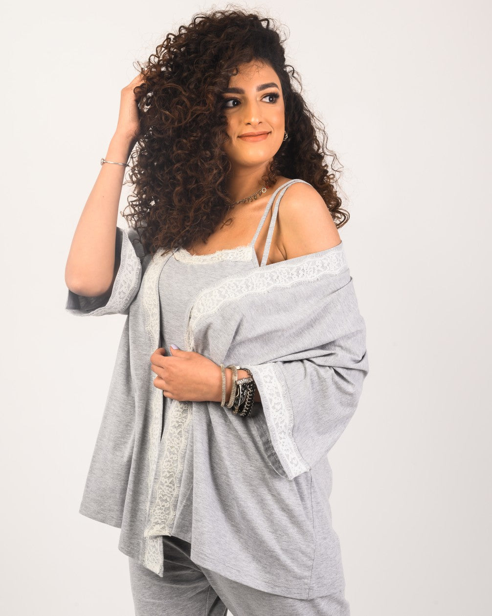 Lace Nursing Pyjama Set – Grey – 3 Pieces