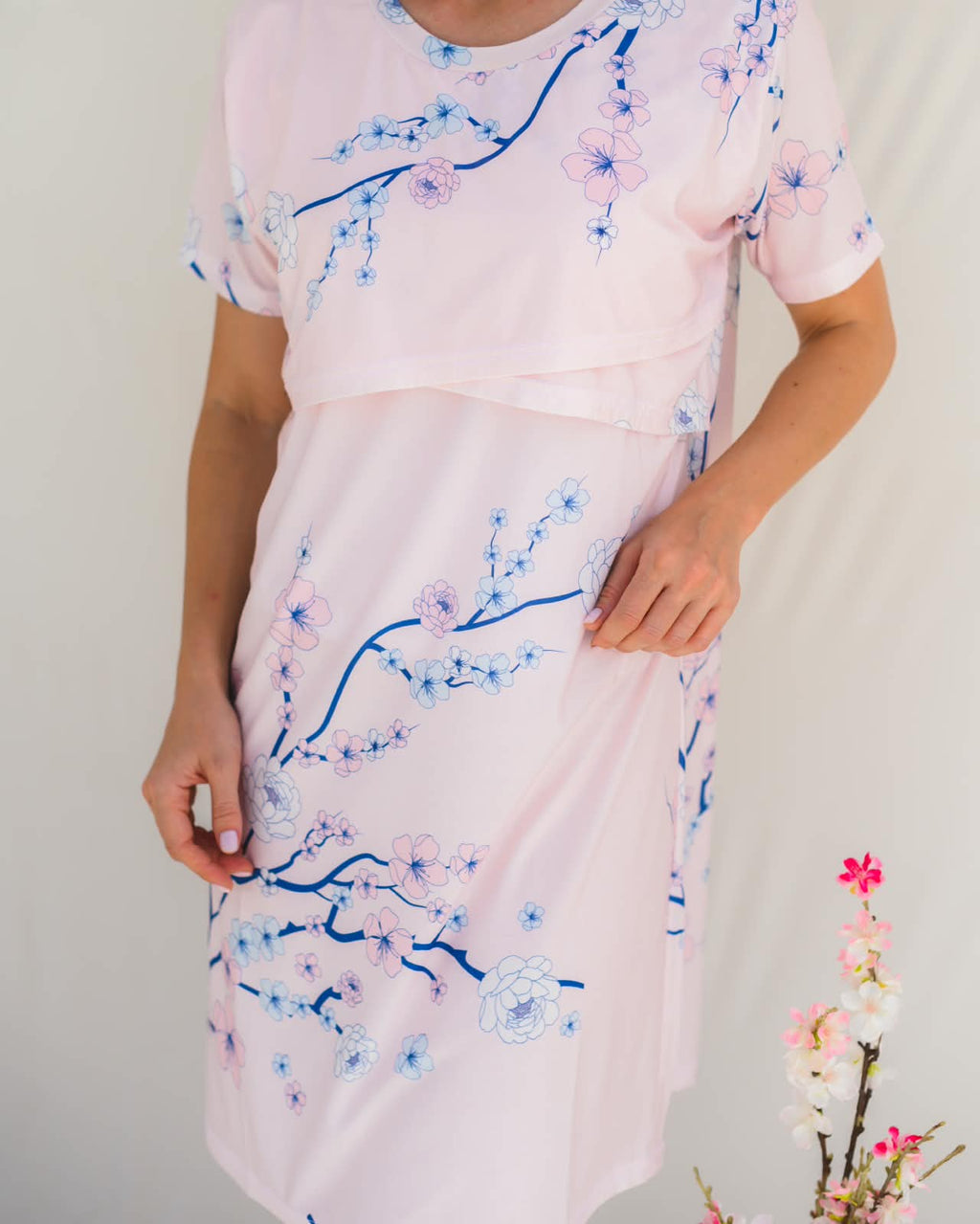 Nursing Cross Layer Gown – Cherry Blossom Blue