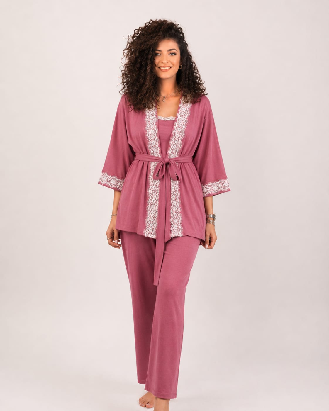 Lace Nursing Pyjama Set – Pink – 3 Pieces