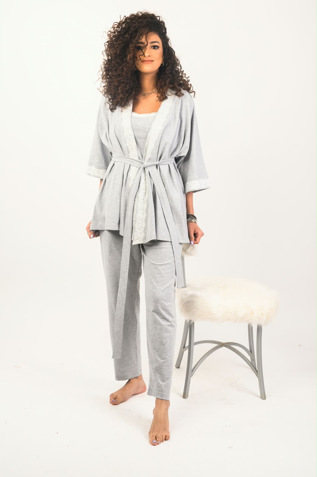 Lace Nursing Pyjama Set – Grey – 3 Pieces
