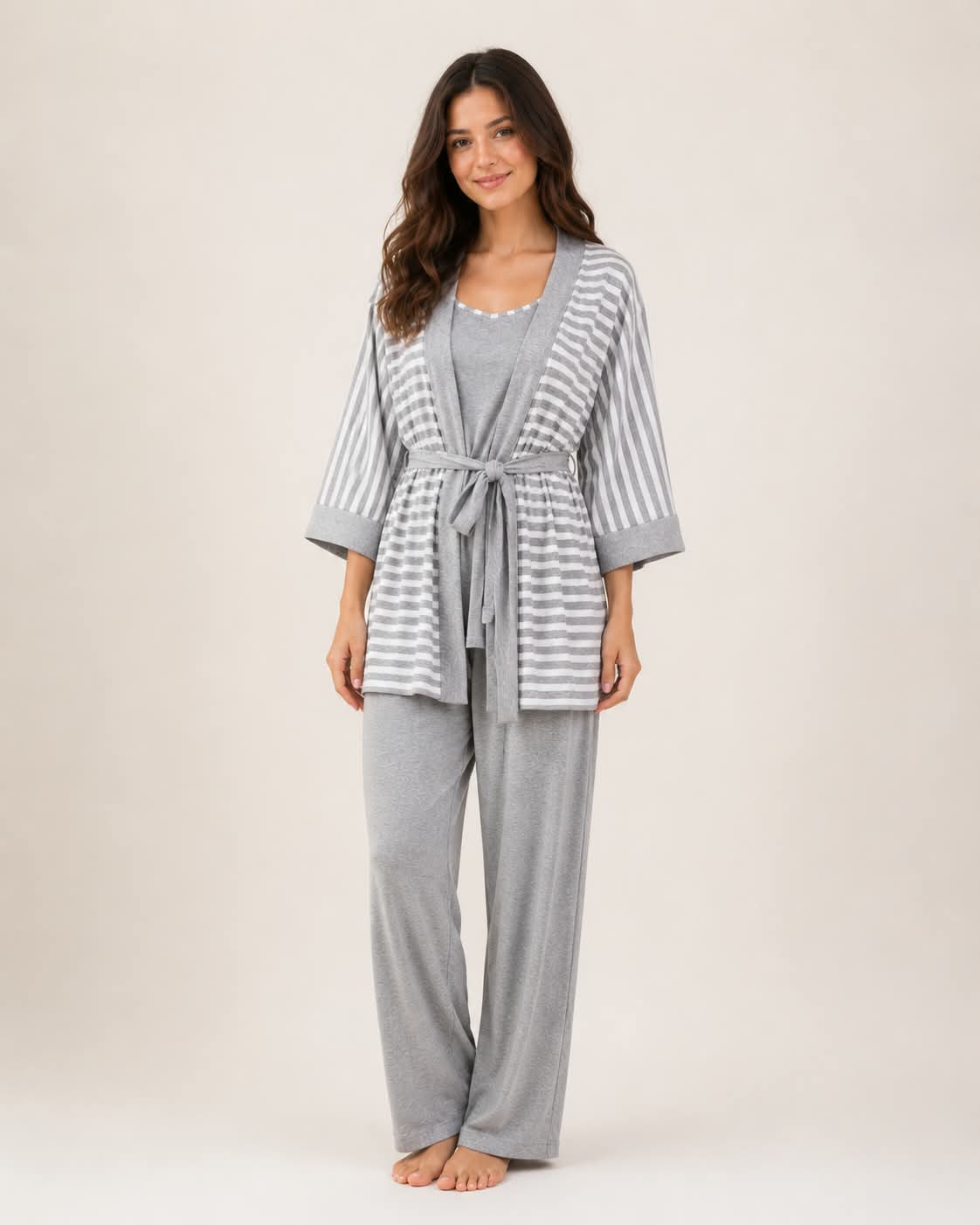 Stripes Nursing Pyjama Set – Grey – 3 Pieces