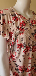 Nursing Cross Layer Gown – Red Flower Print
