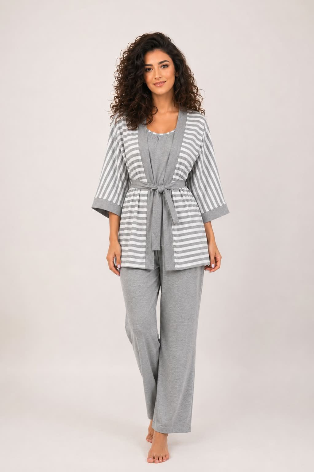 Stripes Nursing Pyjama Set – Grey – 3 Pieces