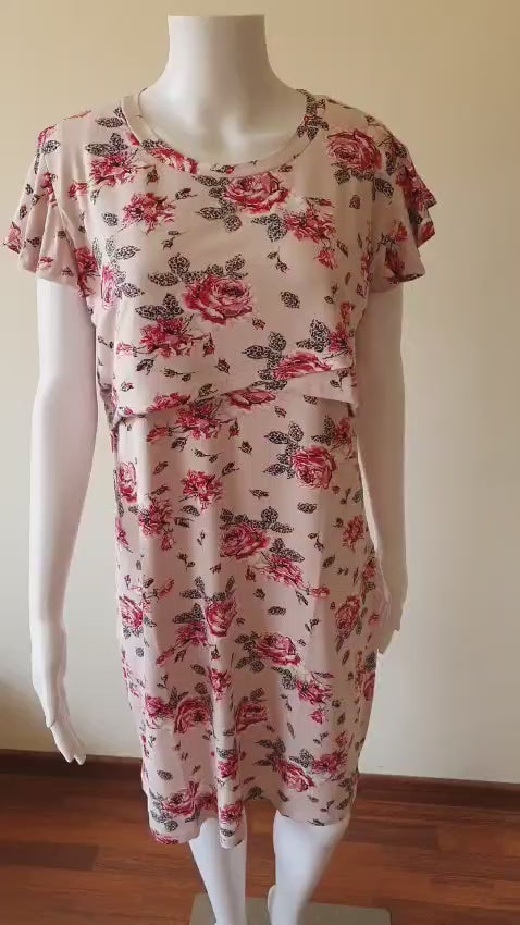 Nursing Cross Layer Gown – Red Flower Print